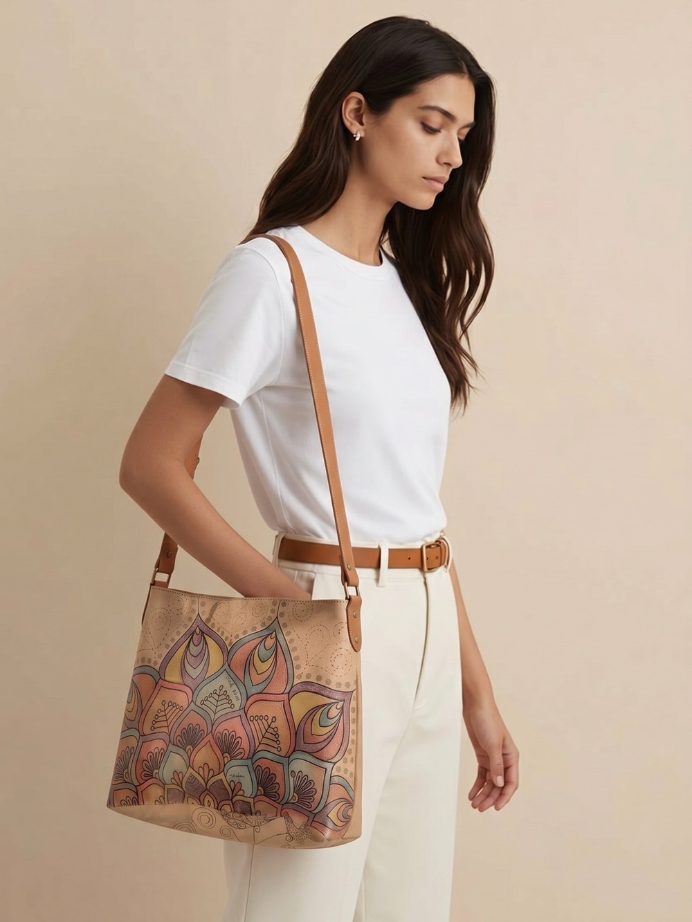 Tan Floral Mandala Print One Side Shoulder Bag with Multicolor Print Boho Costa